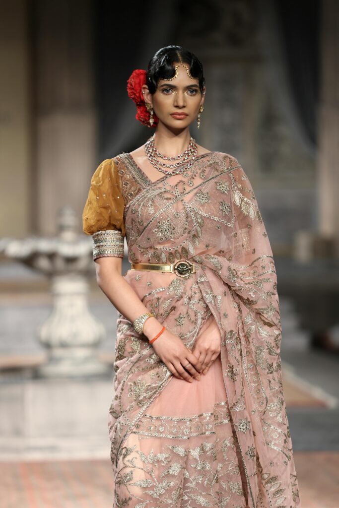 Model in gorgeous saree on a ramp walk